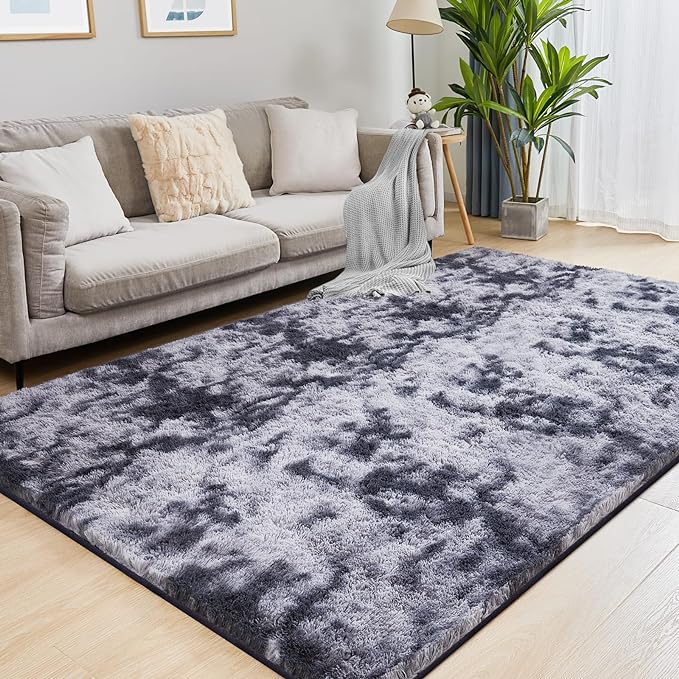 Ultra Soft Area Rugs for Living Room, 5x7 Tie-Dyed Dark Grey Fluffy Plush Rugs for Bedroom, Non-Slip Floor Carpet for Nursery Room, Bedside, Playroom, Corridor, Indoor Decor
