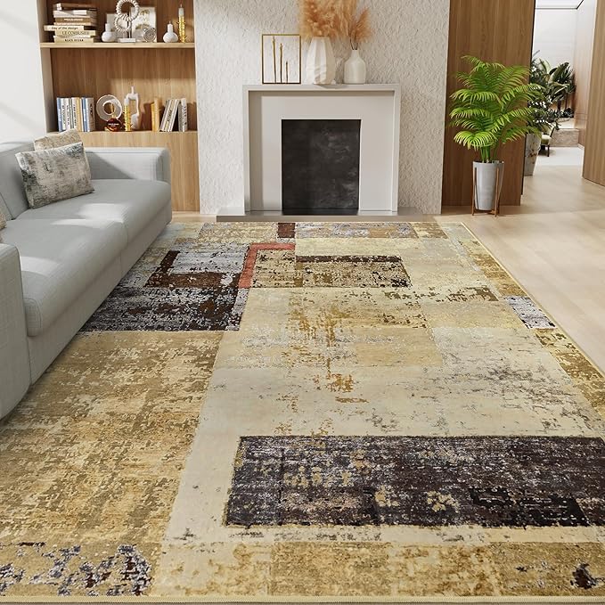 LOCHAS Rug for Living Room, Washable Soft Area Rugs for Bedroom 8x10, Abstract Carpet for Indoor Office Kids Dining Room Nursery Floor, Khaki Geometric Vintage Home Decor, Non Slip, Pet Child Friendly
