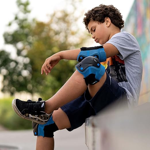 SKATEWIZ Knee Pads for Kids - Knee and Elbow Pads Set - PROTECT-1 - Size S Blue - Wrist Guards for Skating, Skateboard, BMX and Scooter 8-12