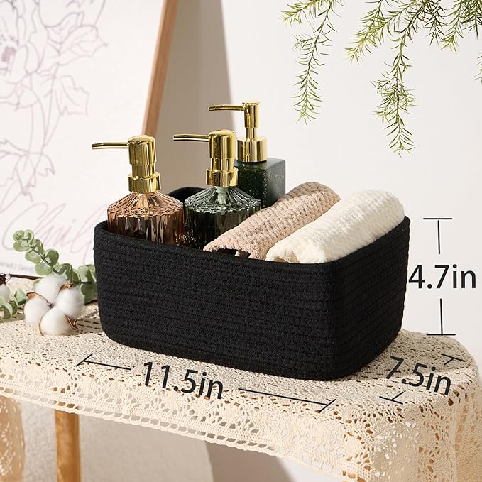 Small Storage Baskets for Organizing | Closet Organizer Bins | Shelf Toy Basket | Woven Rope Baskets | Cube Decorative Box | Shallow Basket | 11.5x7.5x4.7” | 4 Packs Black