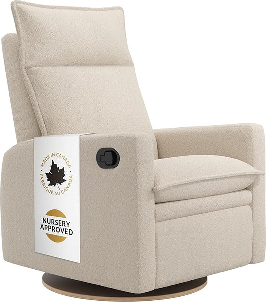 Arya Modern Nursery Glider Recliner Chair – Cozy Nursing Chair with 360° Swivel for New Parents, Gentle Motion, Compact Design, High Back & Low Armrests, Canadian Made (Cream/Beyond Sheep Fabric)