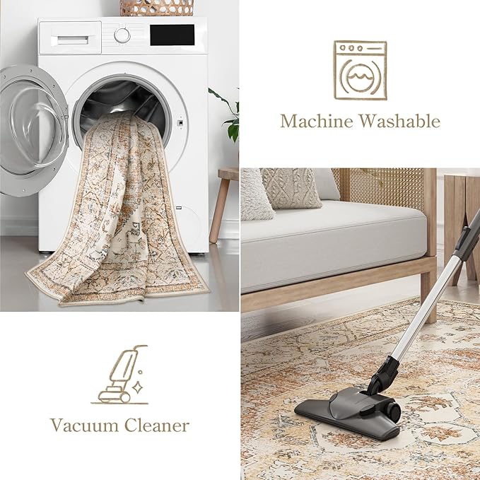 Lahome Rug for Living Room Machine Washable Area Rug 6x9 Boho Non Slip Bedroom Carpet Throw Ultra Thin Carpet for Dining Room, Farmhouse Neutral Print Soft Indoor Mat for Office Home (Taupe, 6'x9')