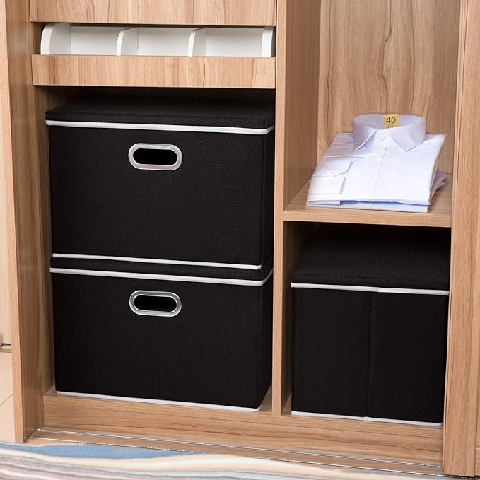 PRANDOM Large Foldable Storage Boxes with Lids [3-Pack] Fabric Collapsible Storage Bins Organizer Containers Baskets Cube with Cover for Home Bedroom Closet Office Nursery Black(17.7x11.8x11.8)