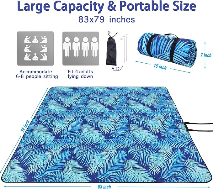 PY SUPER MODE Picnic Blankets Extra Large, Waterproof Foldable Outdoor Beach Blanket Oversized 83x79” Sandproof, 3-Layer Picnic Mat for Camping, Hiking, Travel, Park, Concerts(Blue Leaves)