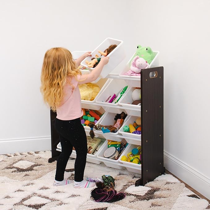 Humble Crew Kids Toy Storage Organizer with 12 Plastic Bins, Espresso/White – Removable Bins for Playroom, Bedroom, Toddler Furniture for Boys and Girls Ages
