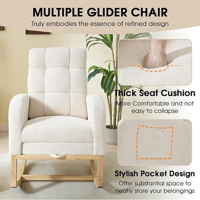 NIOIIKIT Modern Nursery Rocking Chair, Teddy Upholstered Rocking Chair with Footrest, Comfortable Rocker Chair with Side Pocket, Rocker Chair for Living Room, Bedroom, Nursing Room (White)