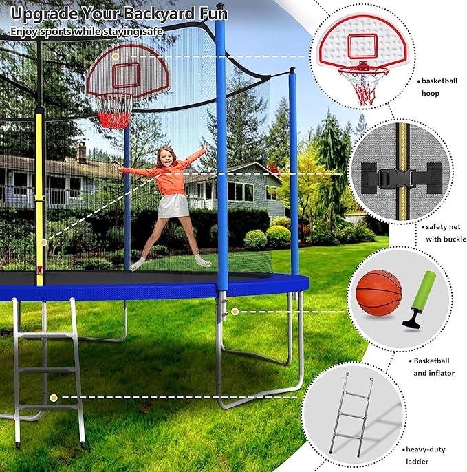 Upgraded 16FT 15FT 14FT 12FT 10FT 8FT Trampoline Outdoor with Basketball Hoop and Net, Capacity for 4-6 Kids and Adults