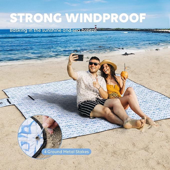 ZAZE Beach Blanket Picnic Blankets Waterproof Sandproof with Stakes, Thick 3-Layer 80 * 80 Oversized Mat, Extra Large Big Machine Washable, Foldable Accessories Outdoor Camping Park (Blue White)