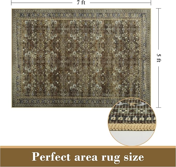 5x7 Machine Washable Area Rug for Living Room Dining Room, Vintage Floral Kitchen Rugs Non Slip, Traditional Indoor Floor Carpet for Bedroom, Farmhouse, Office Classroom Brown/Yellow
