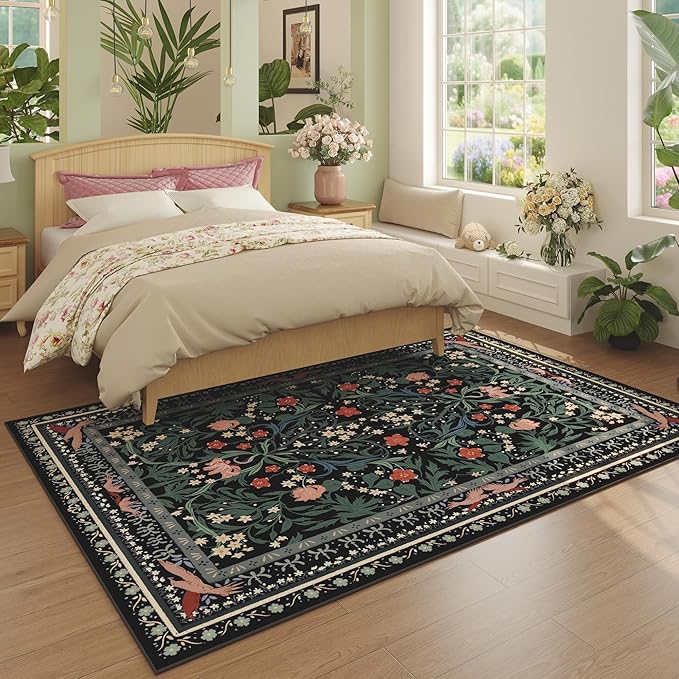 Area Rugs 8x10 for Living Room Clearance Washable Vintage Floral Botanical Rug Non Slip Low Pile Large Rug for Bedroom, Farmhouse, Dining Room, Kids Playroom, Black