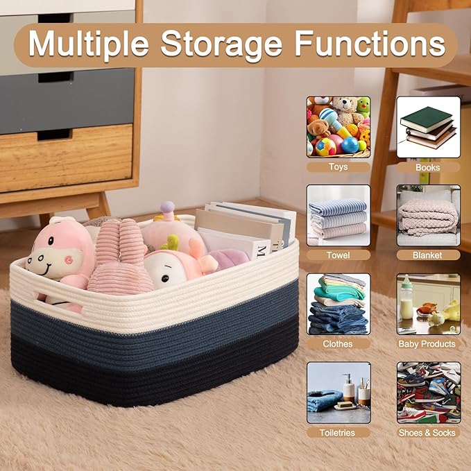 Large Storage Basket for Organizing, Woven Rope Basket for Shelves, Closet Organizer Bins for Clothes, Blanket, Toys, Baby Nursery Storage, 17.7" x 13" x 7.87", 2 Packs Gradient Blue