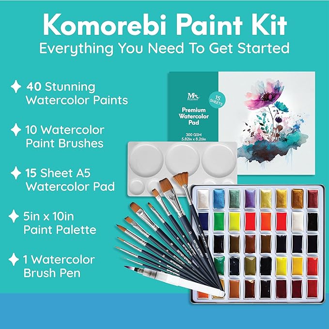 Mozart Japanese Watercolor Paint Set - Komorebi Art Kit with 40 Color Pans - 10 Watercolor Brushes - Paint Palette, Brush Pen & Paper Pad - Complete Supply for Adults, Kids & Students