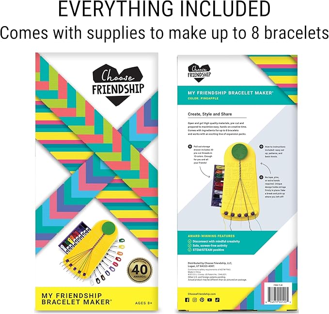 Choose Friendship Bracelet Making Kit – 20 Pre-Cut Threads, Portable Loom with Storage, Makes 8 Bracelets, Craft Gift for Kids Ages 8+, Yellow “Pineapple”