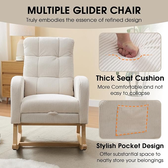 NIOIIKIT Nursery Rocking Chair, Corduroy Upholstered Rocking Chair with Adjustable Footrest, Tufted Rocker Chair with Side Pocket, Glider Rocker for Living Room, Bedroom (Cream Retro)