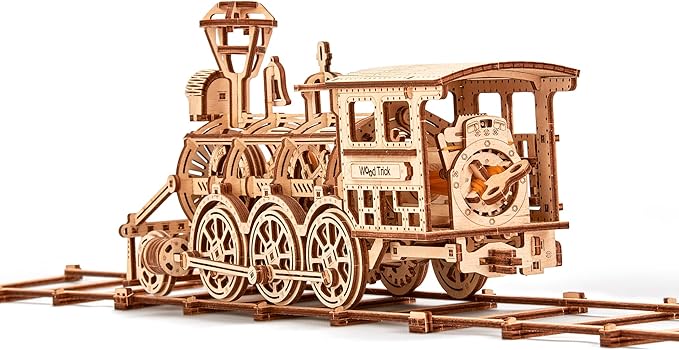 Wood Trick Wooden Toy Train Set with Railway - 34x7″ - Locomotive Train Toy Mechanical Model Kit - 3D Wooden Puzzles for Adults and Kids to Build - Engineering DIY Models for Adults to Build