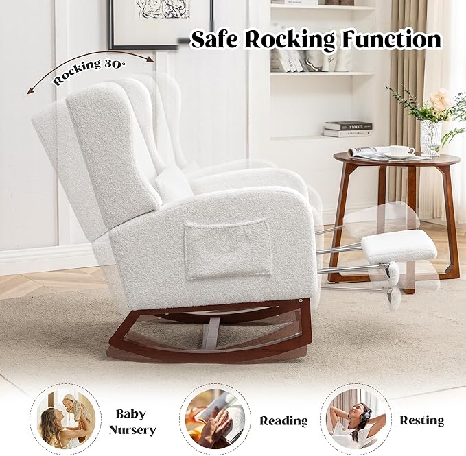 Rocking Chair Nursery,Teddy Nursery Rocking Chairs with Foot Rest, Sherpa Nursing Chair Glider Rocker with Wingback and Pillow for Living Room, Bedroom, White