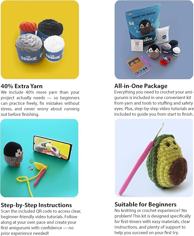 THE GOOKIE Amigurumi Crochet Kit for Beginners – DIY Crochet Kit with Yarn, Hook, Eyes & Stuffing – Easy Starter Set with Video Tutorials – Cute Plush Toy Craft Gift for Kids, Teens & Adults (Panda)