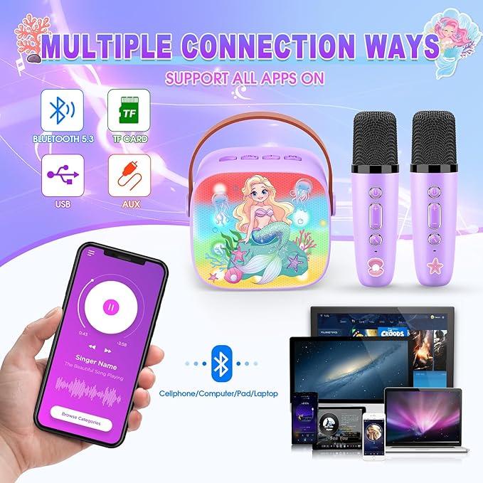 Mermaid Mini Karaoke Machine Toys: Kids Toys Girls Birthday Gifts Age 3-12+ LED Portable Bluetooth Speaker with 2 Wireless Microphone Gift Toy for 4 5 6 7 8 9 Years Old Girl Boy Kid Adult