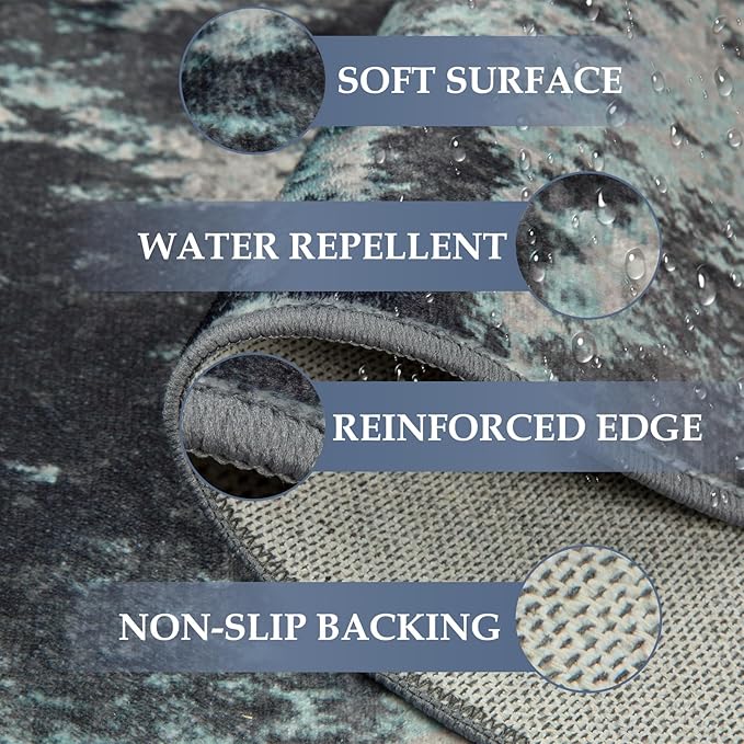 Washable Area Rugs 2'x3' Non-Slip Modern Abstract Soft for Living Room Entryway Bedroom Nursery, Print Pattern, Blue Black Teal