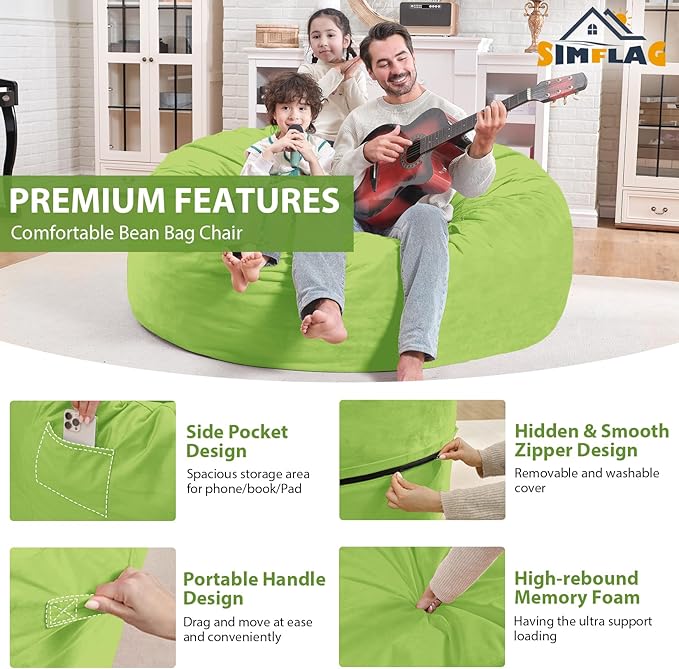 4FT Bean Bag Chair, Large Bean Bag Chairs with Memory Foam Filled, Fluffy Beanbag Sofa with Dutch Velvet Cover, Round BeanBag Chairs for Living Room, Playroom - Lime