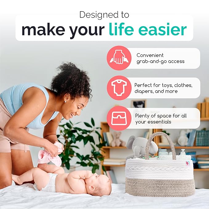 Rope Diaper Caddy - Storage for Baby and Toddler Items - Portable Cotton Organizer Easily Holds Diapers, Wipes, Clothing - Useful for Nursery, Bedroom (Beige, Extra Large)