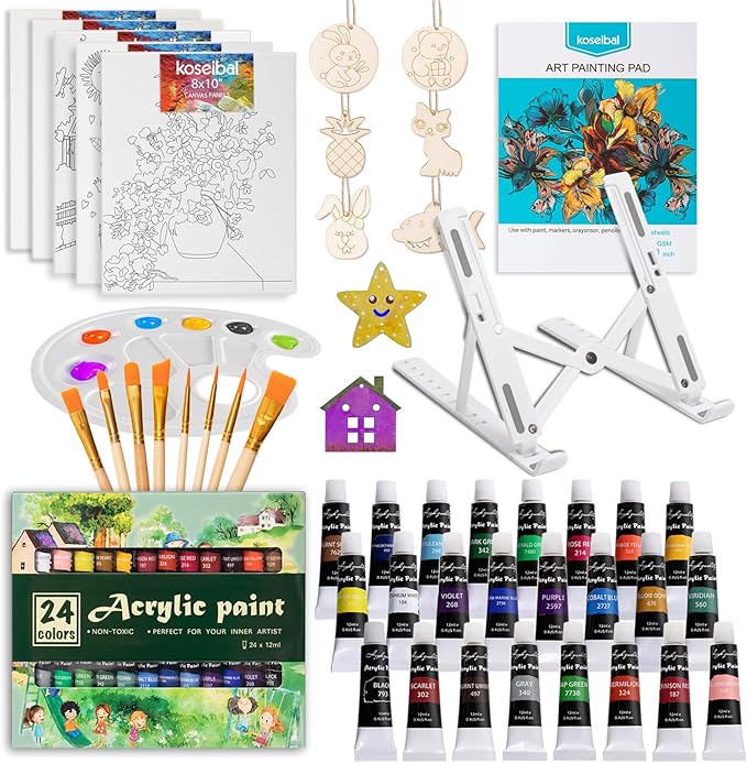 koseibal Acrylic Art Set with 24 Acrylic Paints, 8 DIY Wooden Stencils 5 Canvas Panels 8 Brushes, Table Easel, Etc, Painting Supplies Kit for Kids Students Artists and Beginner.