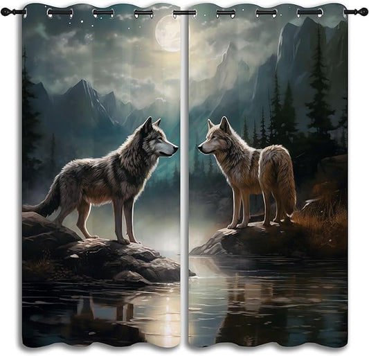 Wolf Blackout Curtains for Boys Girl Bedroom Decor,Moon Mountain Pine Forest Wild Animals Thermal Insulated Grommet Drapes Darkening Window Curtain for Living Room Home 63x63 inch