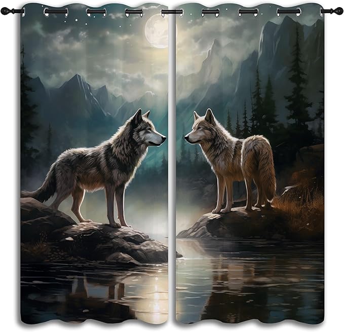 Wolf Blackout Curtains for Boys Girl Bedroom Decor,Moon Mountain Pine Forest Wild Animals Thermal Insulated Grommet Drapes Darkening Window Curtain for Living Room Home 72x63 inch