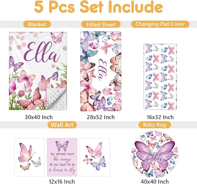 Personalized Baby Bedding Set, 5 Pcs Custom Infants Bedding Set with Infant Name, Double Layer Nursery Crib Set for Girls Boys, Customized Gifts for Toddler Baby Shower, Pink & Purple Butterfly