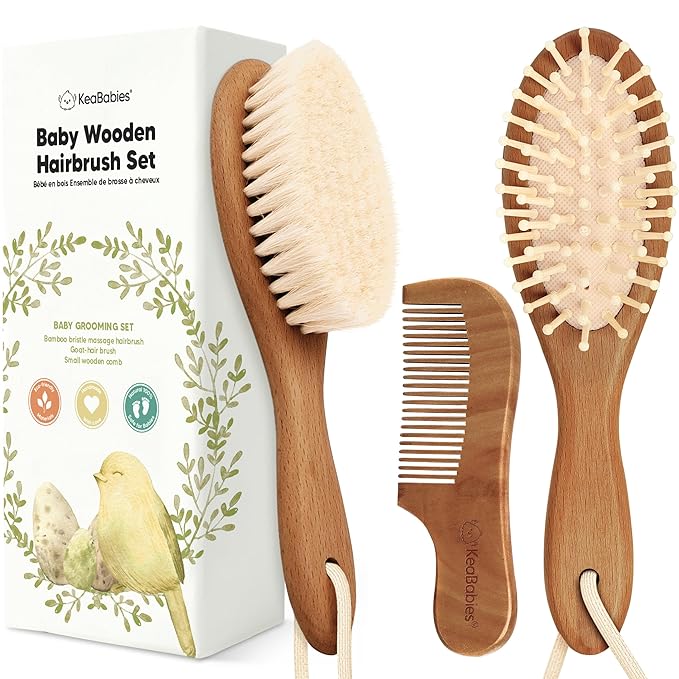 Baby Hair Brush and Comb Set for Newborn - Wooden Baby Hair Brush Set with Soft Goat Bristle, Baby Brush Set for Newborns,Baby Brush and Comb Set Girl, Boy,Toddler Cradle Cap Brush (Oval, Dark Walnut)