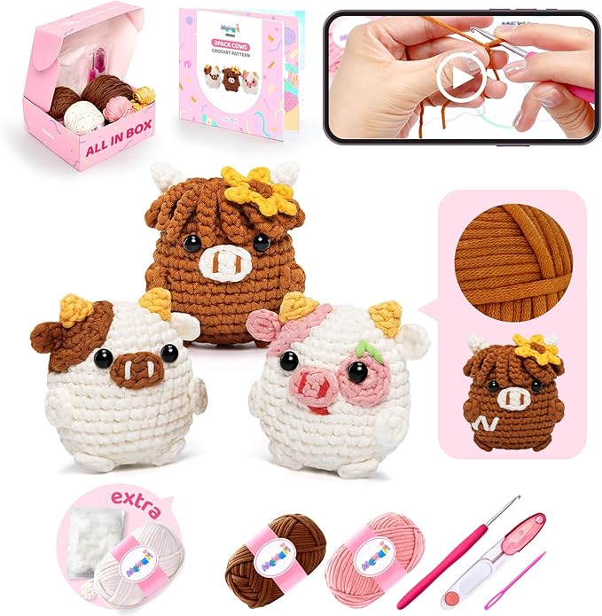 Mewaii Crochet Kit for Beginners Level 2 with 40% Extra Eco-Friendly Pre-Started Easy Yarn, Step-by-Step Video Tutorials for Adults and Kids (3 Pack Cows)