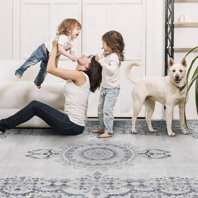 Washable Rugs 5x7 Area Rugs for Living Room, Thin Carpet for Bedroom, Soft Faux Wool Retro Dining Room Rug，Non Slip&Non-Shedding Resistant Low Pile Vintage Print Rug for Home Office (Grey/Blue)