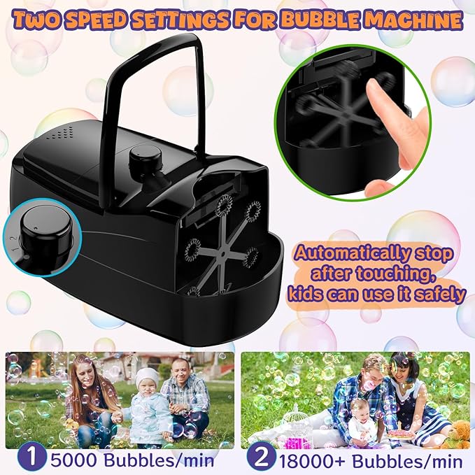Bubble Machine - 18000+ Bubbles Per Minute, 2 Speed Settings, Battery/USB Powered Outdoor Bubble Blower for Toddlers, Birthday Parties, Weddings (Black)