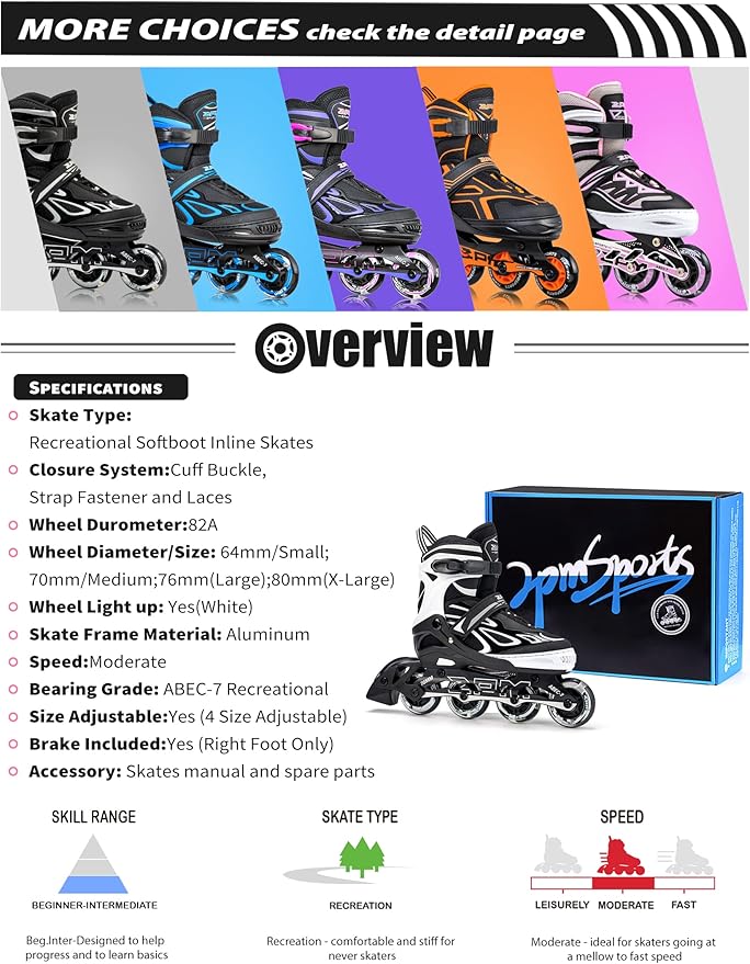 2PM SPORTS Vinal Girls Adjustable Flashing Inline Skates, All Wheels Light Up, Fun Illuminating Skates for Kids Men Adult Women and Boys