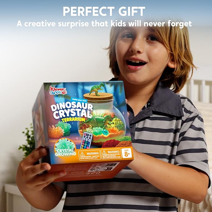 Klever Kits Make Your Own Dinosaur Crystal Terrarium Crafts Kit for Kids-Crystal Growing Science 12 Color LED Night Light Birthday Gifts Toys for Kids