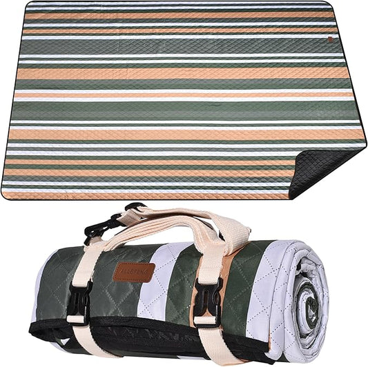 Waterproof Picnic Blanket 80" x 60" in Portable with Carry Strap for Beach Mat or Family Outdoor Camping Party, Park Blanket for Grass Park Hiking Travel, Concerts (Dark Green&White&Orange, 80" x 60")