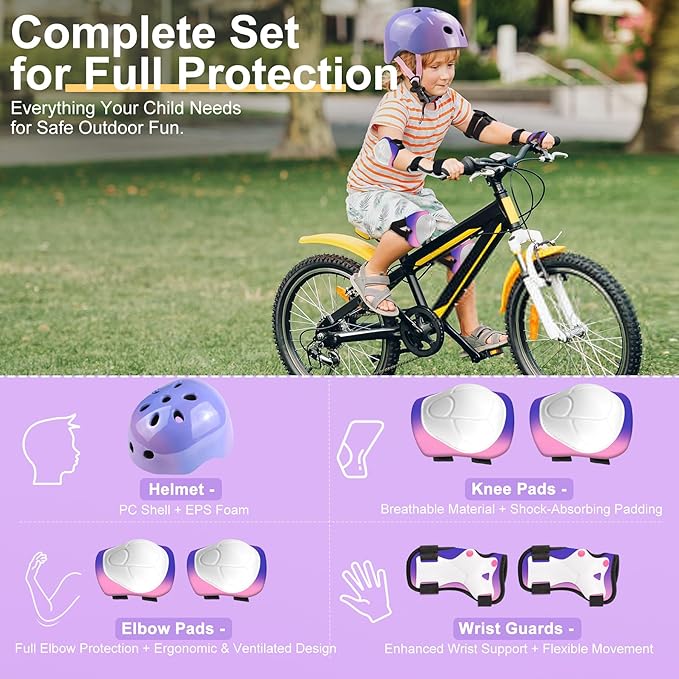 Vvinca Kids Toddlers Bike Helmet Adjustable for Ages 3-5-8 Years, Knee Pads and Elbow Pads Set Wrist Guard Sports Protective Gear Set for Roller Skate Bicycle Skateboard Scooter Girl Boy Birthday Gift