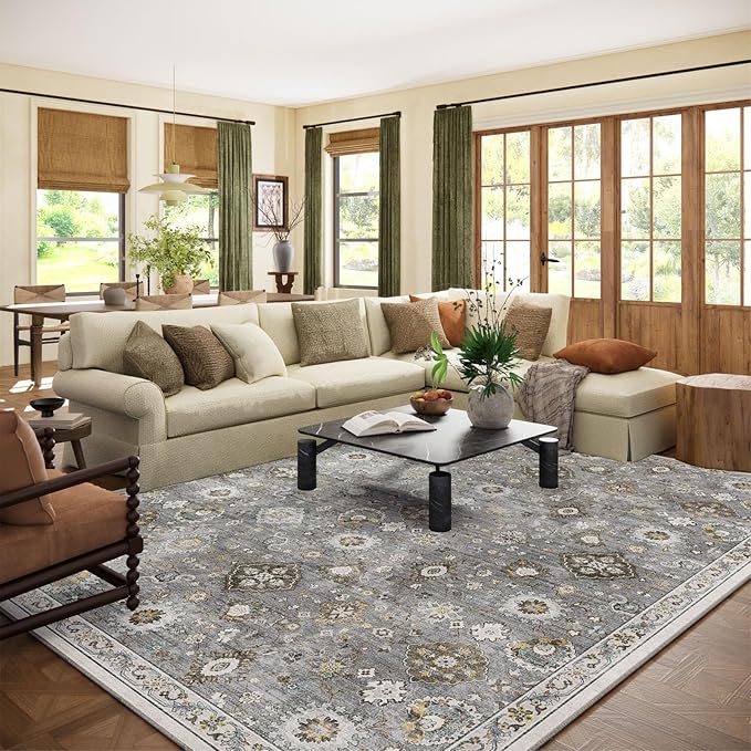 Machine Washable Rug for Living room: 8x10 Area Rugs Boho Vintage Rugs Stain Resistant Non Slip Low Pile Lightweight Soft Carpet for Bedroom Kitchen Dining Room Nursery Kids Room Farmhouse Home Office