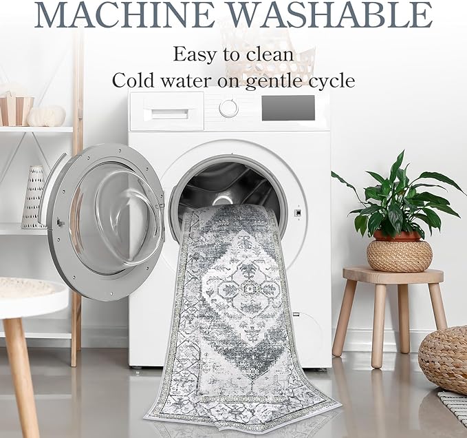 Lahome Boho Runner Rug for Hallway - 2x7 ‎Stain Resistant Non-Slip Kitchen Runners Non Skid Washable 7 Ft Lightweight Throw Bathroom Runner, Oriental Distressed Print Runner for Bedroom Laundry Room