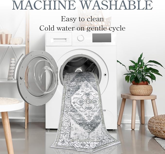 Lahome Boho Washable Rugs for Bedroom - 3x5 Area Rugs for Living Room Throw Non-Slip Thin Entryway Rug Kitchen Rugs Grey Oriental Distressed Print Capet for Office Bathroom Laundry Room Dining Room