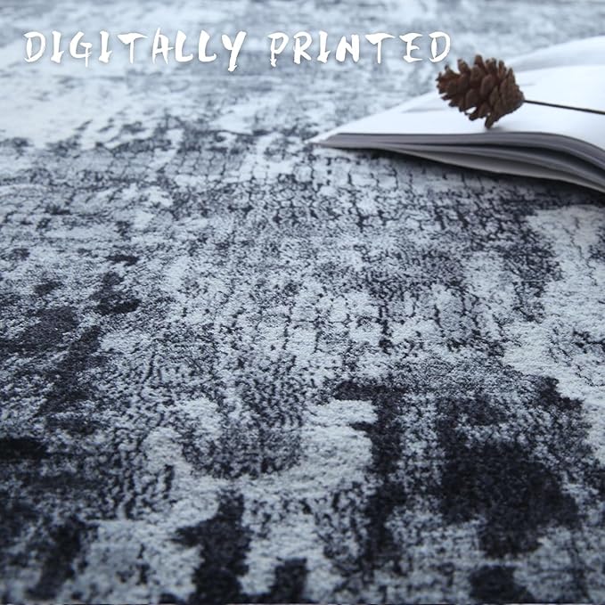 4x6 Rug Washable Boho Soft Area Rug Abstract Pattern Non-Slip Faux Wool Vintage Rug for Living Room, Bedroom Rug, Farmhouse, Dining Room, Kids Playroom, Grey and Black