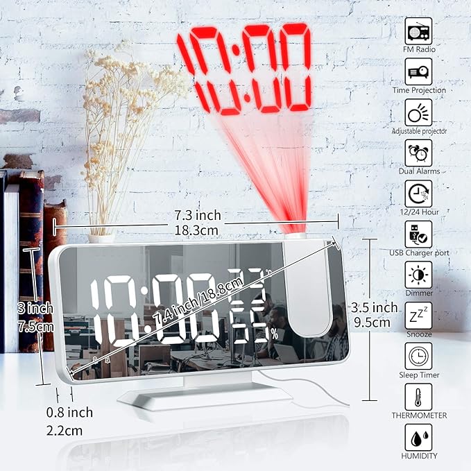Projection Digital Alarm Clock for Bedrooms, Clock Radio on Ceiling, USB Charger Port, Temperature & Humidity Display, 7.3” Large Mirror LED Display,12/24H,Snooze,Dual Loud Alarm Clock- 4 Dimmer