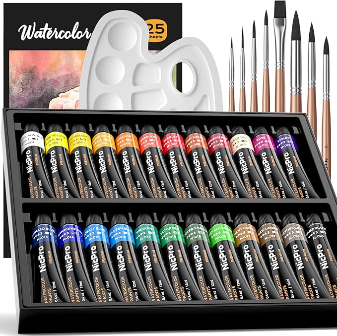 Nicpro Watercolor Paint Set for Adults, Beginner & Artists, 24 Tubes Water Color Paint Set with 25 Watercolor Paper, 8 Squirrel Paint Brushes, Palettes, Color Wheel, Art Painting Supplies