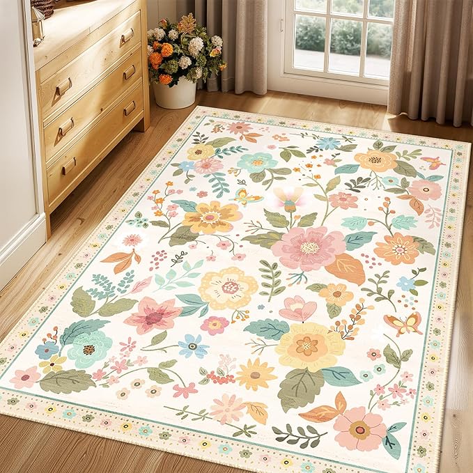 Floral 4x6 Area Rug Machine Washable Soft Print Boho Carpet Non Slip Doormat Low Pile Flower Area Rugs for Living Room Bedroom Nursery Kitchen Dining Room Indoor-Beige/White/Orange