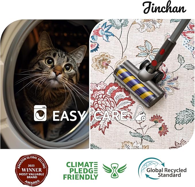 jinchan 7ft Floral Round Rug for Dining Room Washable Living Room Rug Vintage Romance Design Non Slip Indoor Floor Cover Lightweight Low-Profile Throw Carpet for Bedroom Porch Patio, Red/Beige