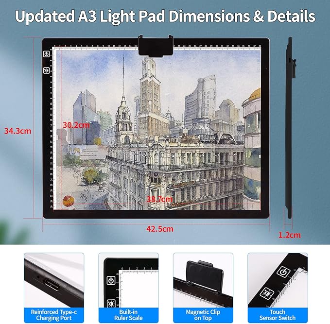 A3 Light Pad, Elice Tracing Light Box 3 Colors Mode Stepless Dimmable and 6 Levels of Brightness Light Copy Pad, Wireless Rechargeable Led Light Board for Weeding Vinyl Diamond Painting Sketching