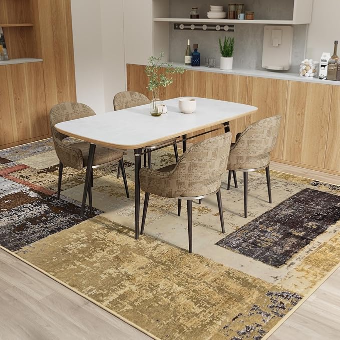 LOCHAS Rug for Living Room, Washable Soft Area Rugs for Bedroom 8x10, Abstract Carpet for Indoor Office Kids Dining Room Nursery Floor, Khaki Geometric Vintage Home Decor, Non Slip, Pet Child Friendly