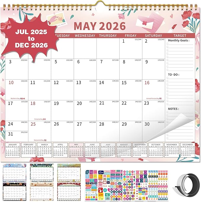 2025-2026 Calendar, 18 Month Wall Calendar 2025-2026 Hanging Spiral Bound Magnetic Fridge Desk Calendars 15" x 12", Jul 2025 - Dec 2026, A- Small Colorful