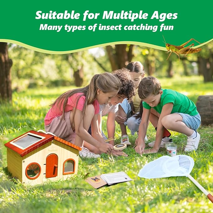 Kids Explorer Kit & Bug Catcher for Kids, Outdoor Toys with Large Portable Wooden Bug Habitat, Butterfly Net, Magnifier, Observation Cup, 15 Insect Cards for Toddler 3-8 Year Old Boy Gift
