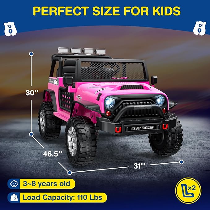 L8 2 Seater Ride On Car, 12V Kids Electric Car w/Remote Control, 4-Wheel Suspension, Bluetooth Speaker, Multi Music Modes, 3 Speeds, LED Lights, Xmas & Birthday Gift Ideas for Kids Ages 3+